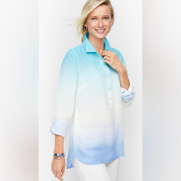 Talbots Tops - Talbots‎ Petite Linen Blue White Ombre Pullover Coastal Collared Preppy Shirt SP